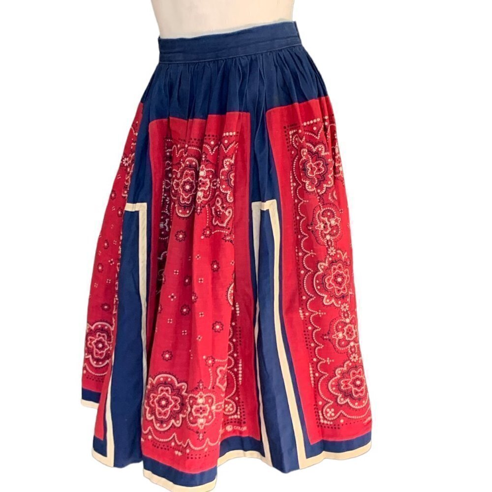Vintage 40s 50s Western Prairie Full/Circle Pleat Skirt‎ Red Blue XS #92G - Picture 5 of 11